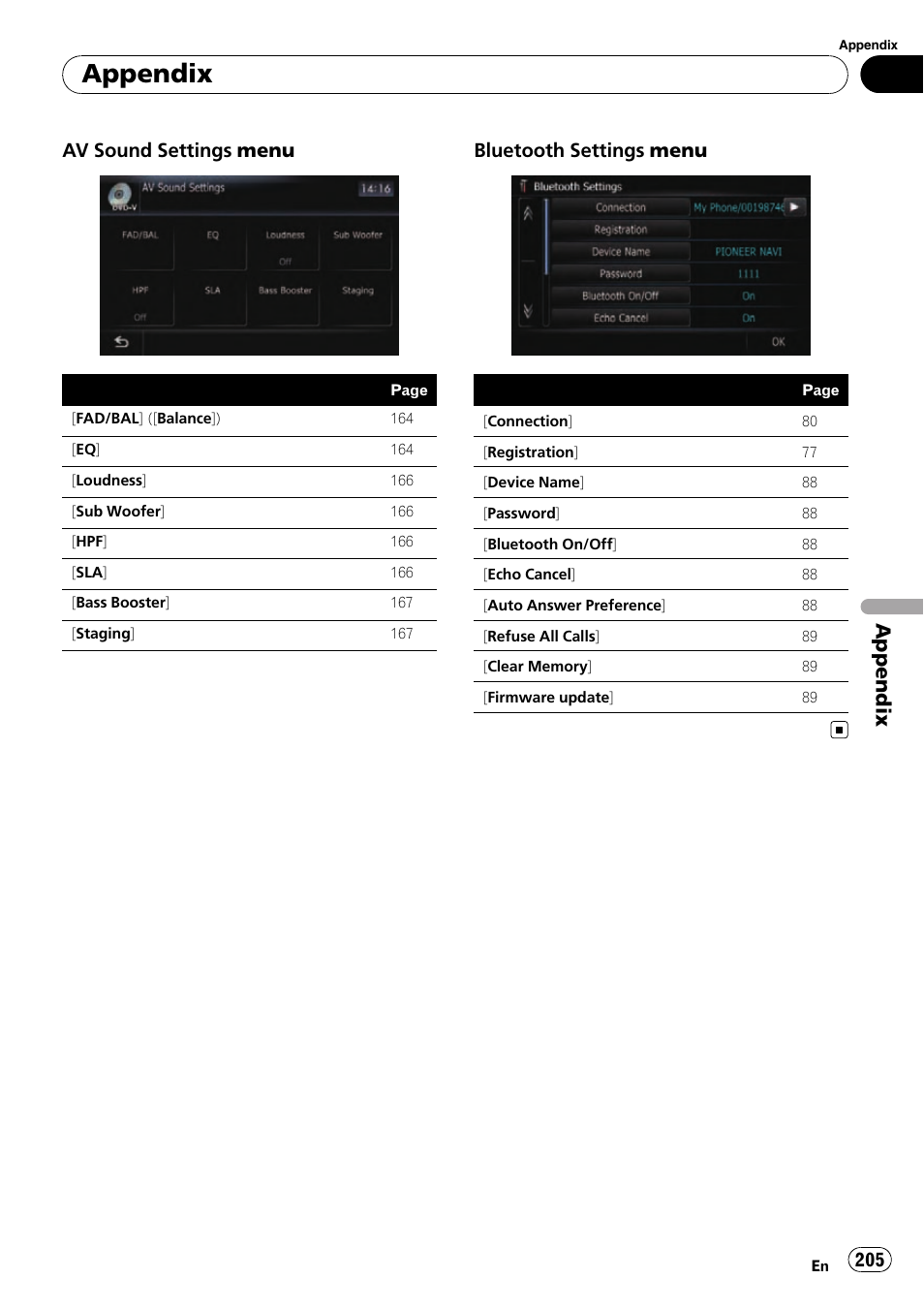 Appendix, Av sound settings menu, Bluetooth settings menu | Pioneer SUPER TUNER AVIC-Z110BT User Manual | Page 205 / 211