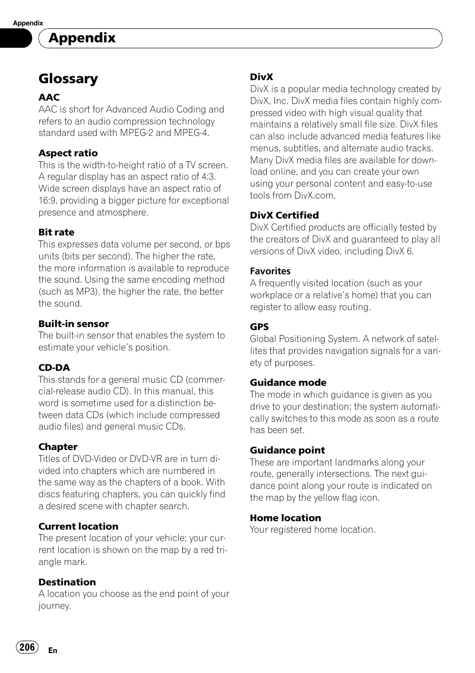 Glossary, Appendix | Pioneer SUPER TUNER AVIC-Z110BT User Manual | Page 206 / 211