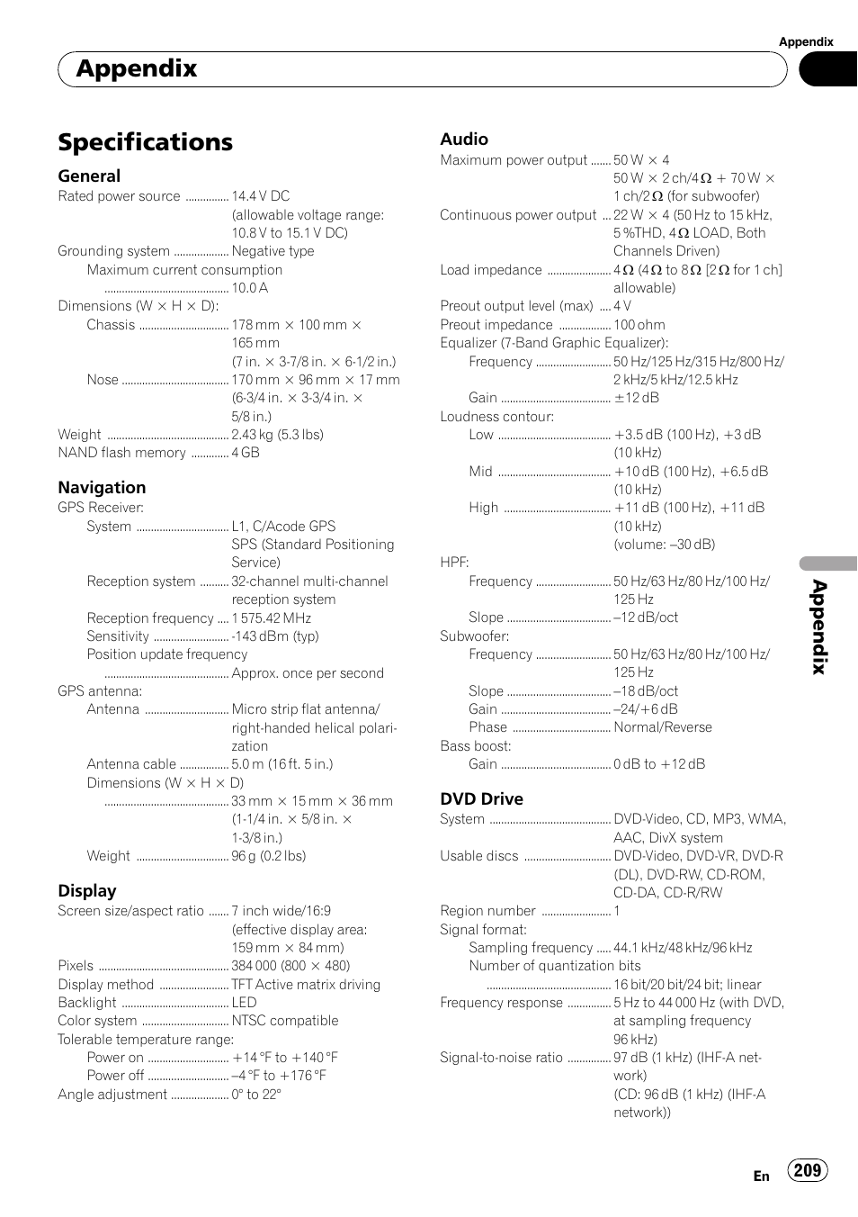 Specifications, Appendix | Pioneer SUPER TUNER AVIC-Z110BT User Manual | Page 209 / 211