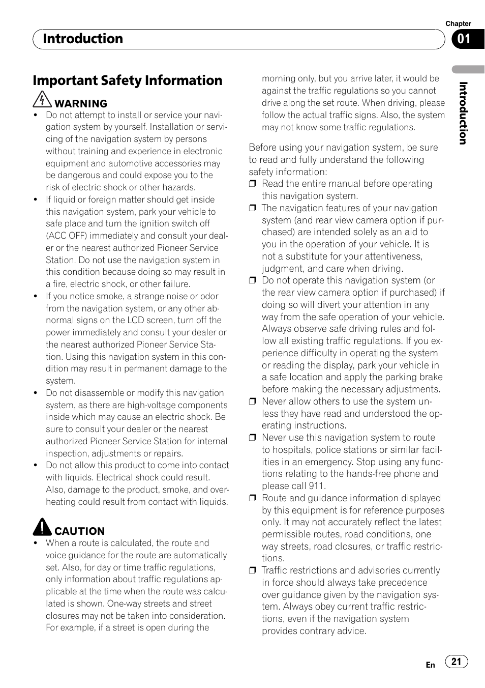 Important safety information, Introduction | Pioneer SUPER TUNER AVIC-Z110BT User Manual | Page 21 / 211