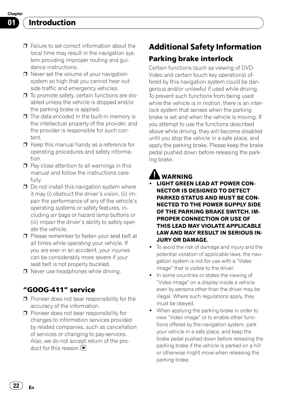 Goog-411” service 22, Additional safety information, Parking brake interlock 22 | Introduction, Goog-411” service, Parking brake interlock | Pioneer SUPER TUNER AVIC-Z110BT User Manual | Page 22 / 211