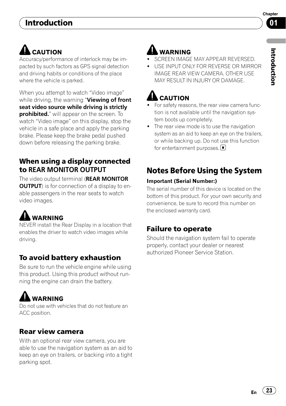 When using a display connected to, Rear monitor output, To avoid battery exhaustion 23 | Rear view camera 23, Notes before using the system, Failure to operate 23, Introduction | Pioneer SUPER TUNER AVIC-Z110BT User Manual | Page 23 / 211