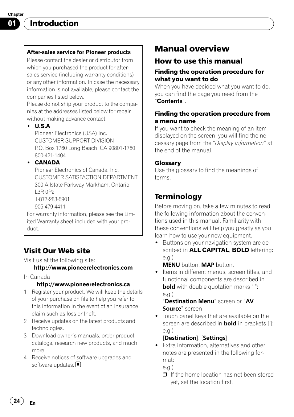 Visit our web site 24, Manual overview, How to use this manual 24 | Terminology 24, Introduction, Visit our web site, How to use this manual, Terminology | Pioneer SUPER TUNER AVIC-Z110BT User Manual | Page 24 / 211