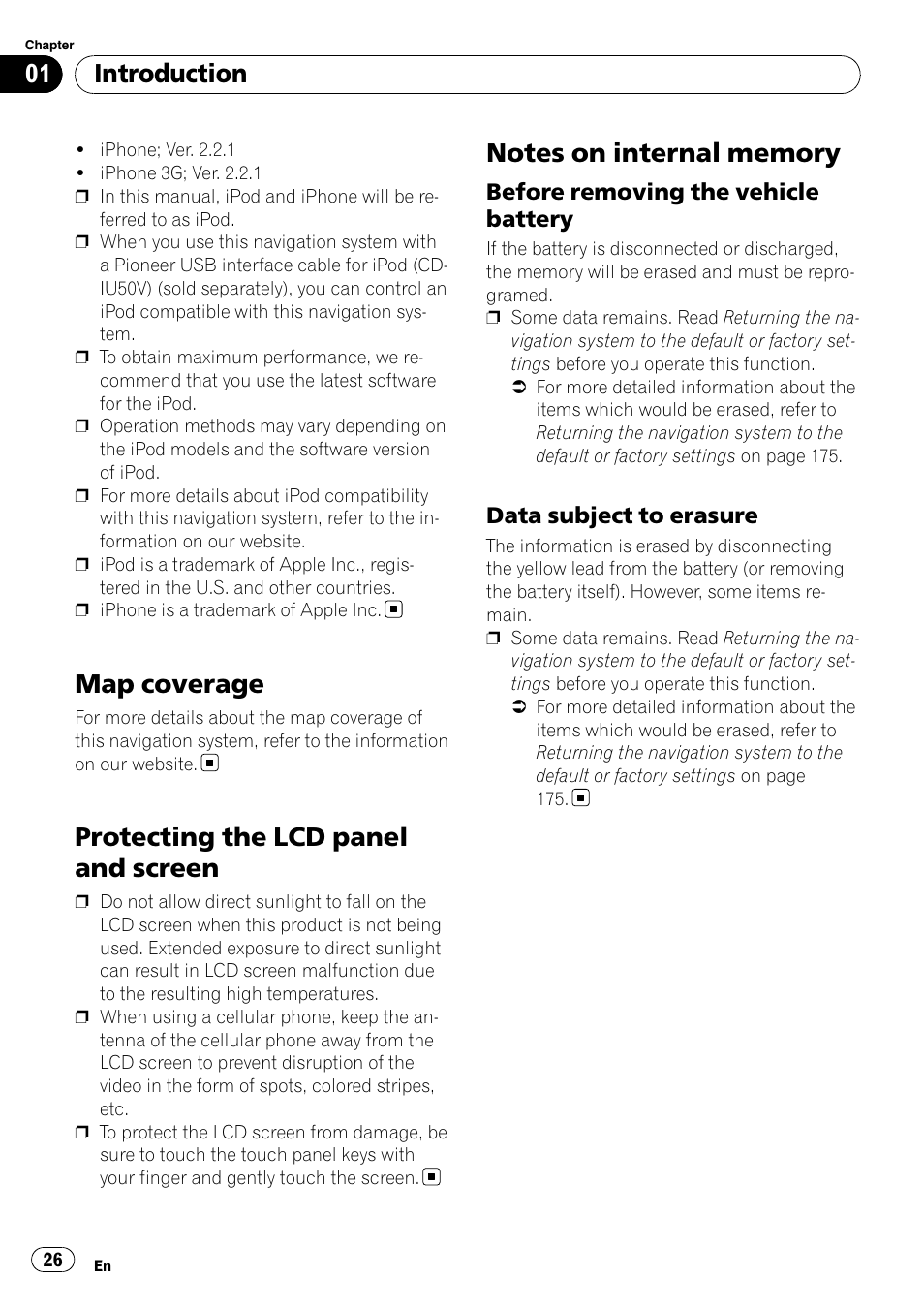 Map coverage, Protecting the lcd panel and screen, Notes on internal memory | Before removing the vehicle, Battery, Data subject to erasure 26, Introduction | Pioneer SUPER TUNER AVIC-Z110BT User Manual | Page 26 / 211