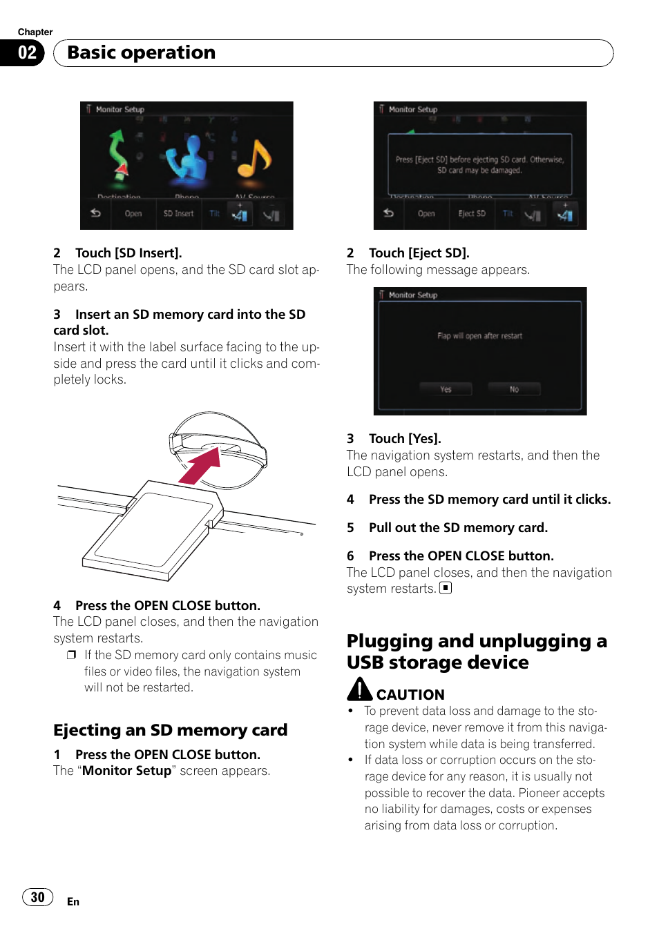 Ejecting an sd memory card 30, Plugging and unplugging a usb storage, Device | Plugging and unplugging a usb storage device, Basic operation | Pioneer SUPER TUNER AVIC-Z110BT User Manual | Page 30 / 211