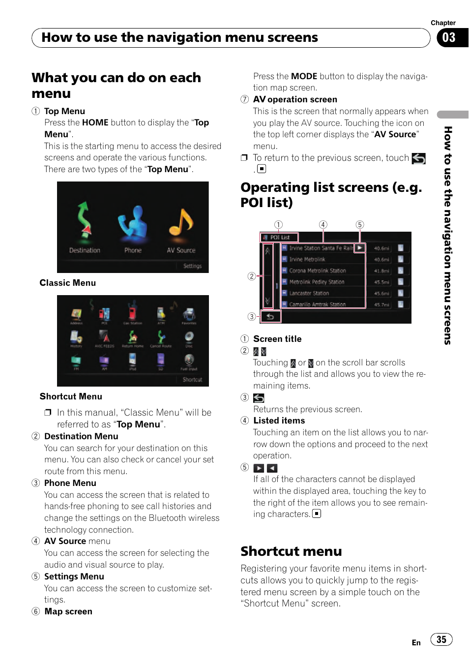 What you can do on each menu, Operating list screens (e.g. poi list), Shortcut menu | How to use the navigation menu screens | Pioneer SUPER TUNER AVIC-Z110BT User Manual | Page 35 / 211