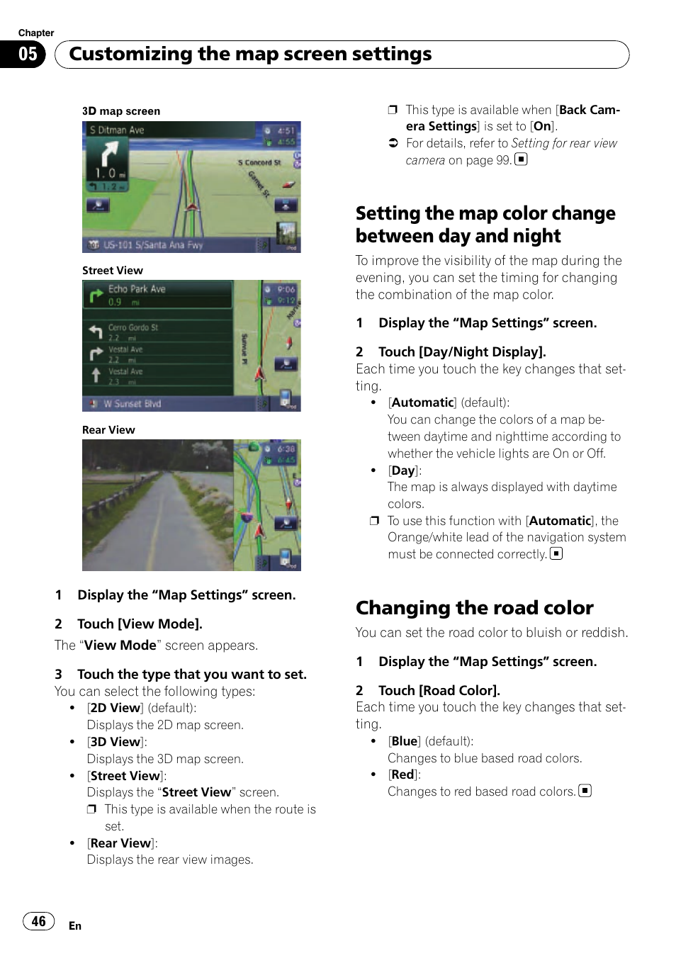 Setting the map color change between day, And night, Changing the road color | Setting the map color change between day and night, Customizing the map screen settings | Pioneer SUPER TUNER AVIC-Z110BT User Manual | Page 46 / 211