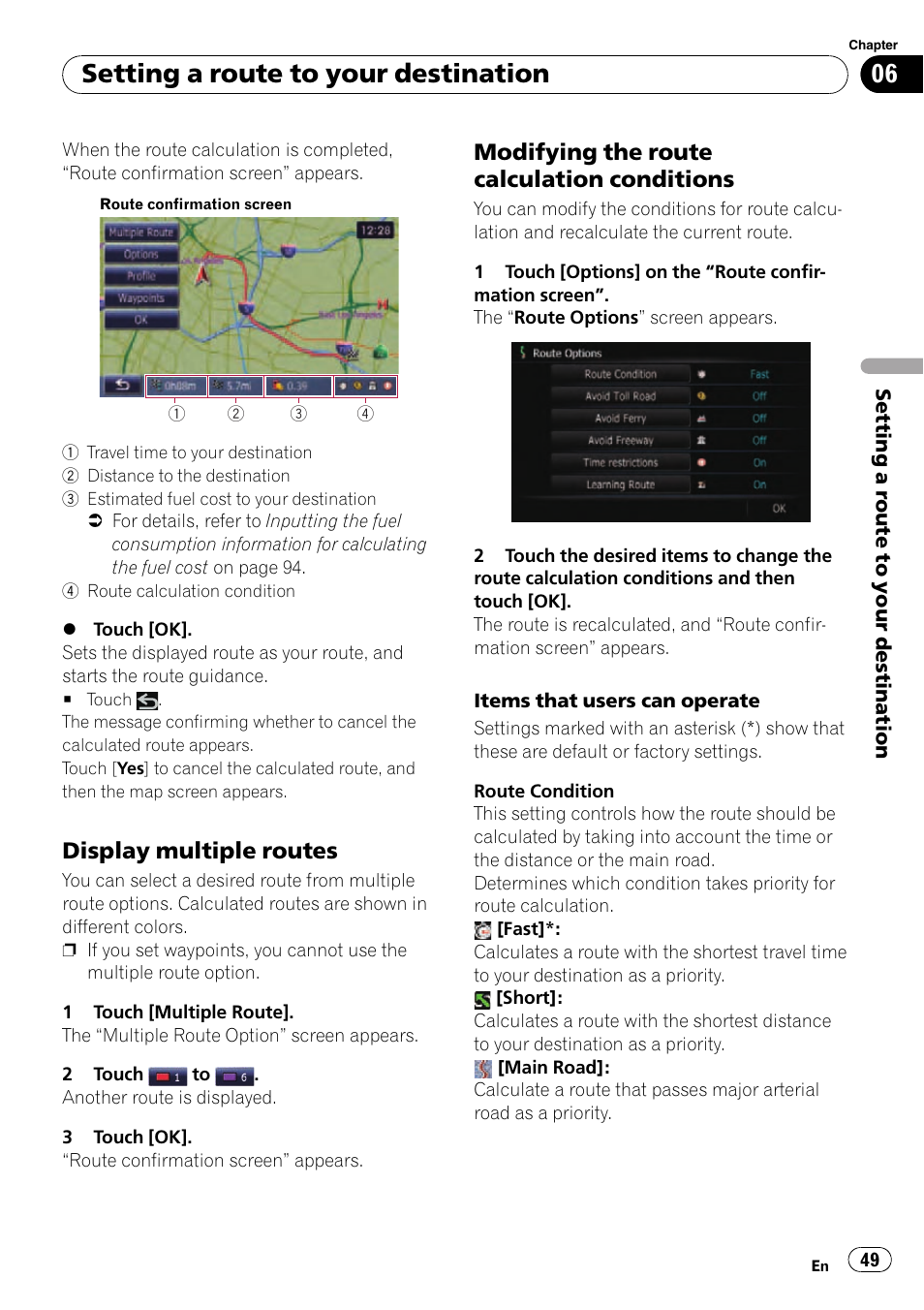 Display multiple routes 49, Modifying the route calculation, Conditions | Setting a route to your destination, Display multiple routes, Modifying the route calculation conditions | Pioneer SUPER TUNER AVIC-Z110BT User Manual | Page 49 / 211