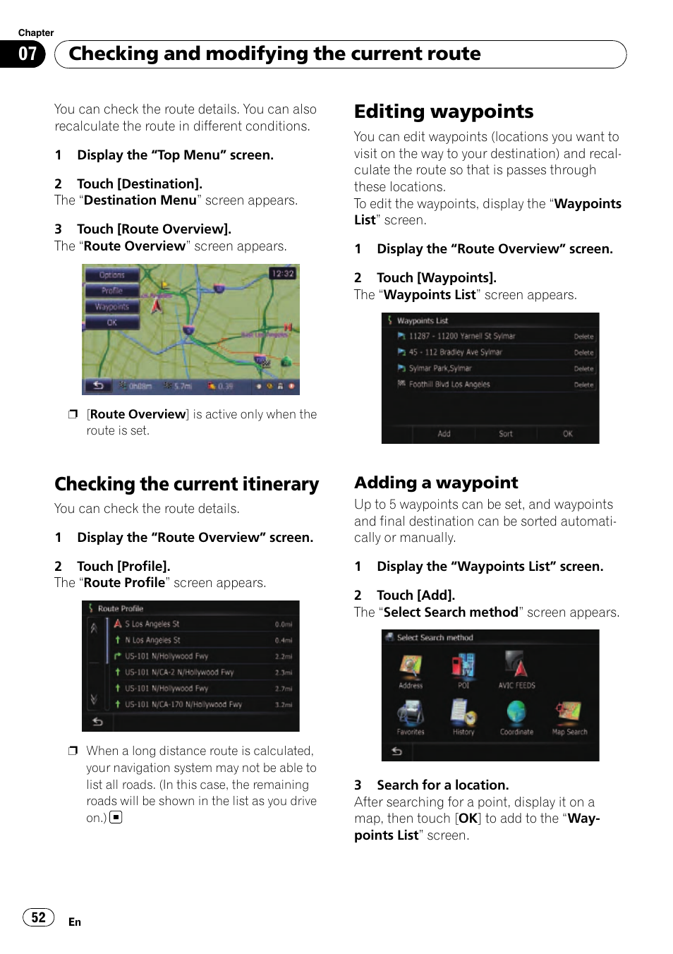 Editing waypoints, Adding a waypoint 52, Checking the current itinerary | Checking and modifying the current route, Adding a waypoint | Pioneer SUPER TUNER AVIC-Z110BT User Manual | Page 52 / 211