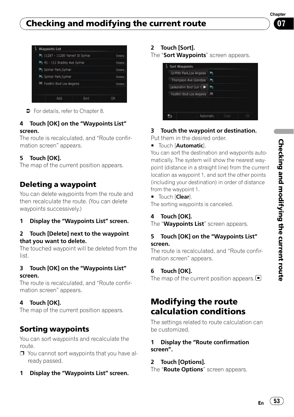 Deleting a waypoint 53, Sorting waypoints 53, Modifying the route calculation | Conditions, Modifying the route cal, Modifying the route calculation conditions, Checking and modifying the current route, Deleting a waypoint, Sorting waypoints | Pioneer SUPER TUNER AVIC-Z110BT User Manual | Page 53 / 211