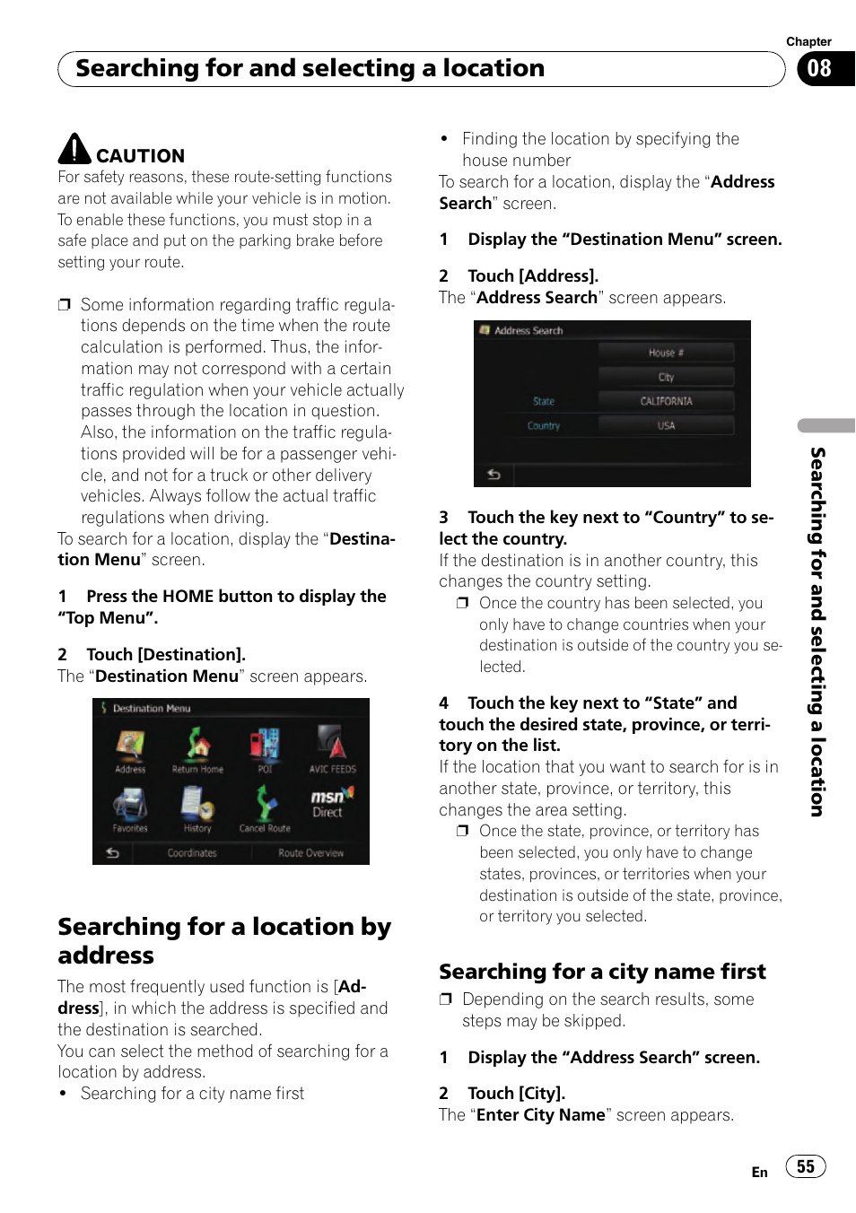 Searching for a city name first 55, Searching for a location by address, Searching for and selecting a location | Searching for a city name first | Pioneer SUPER TUNER AVIC-Z110BT User Manual | Page 55 / 211