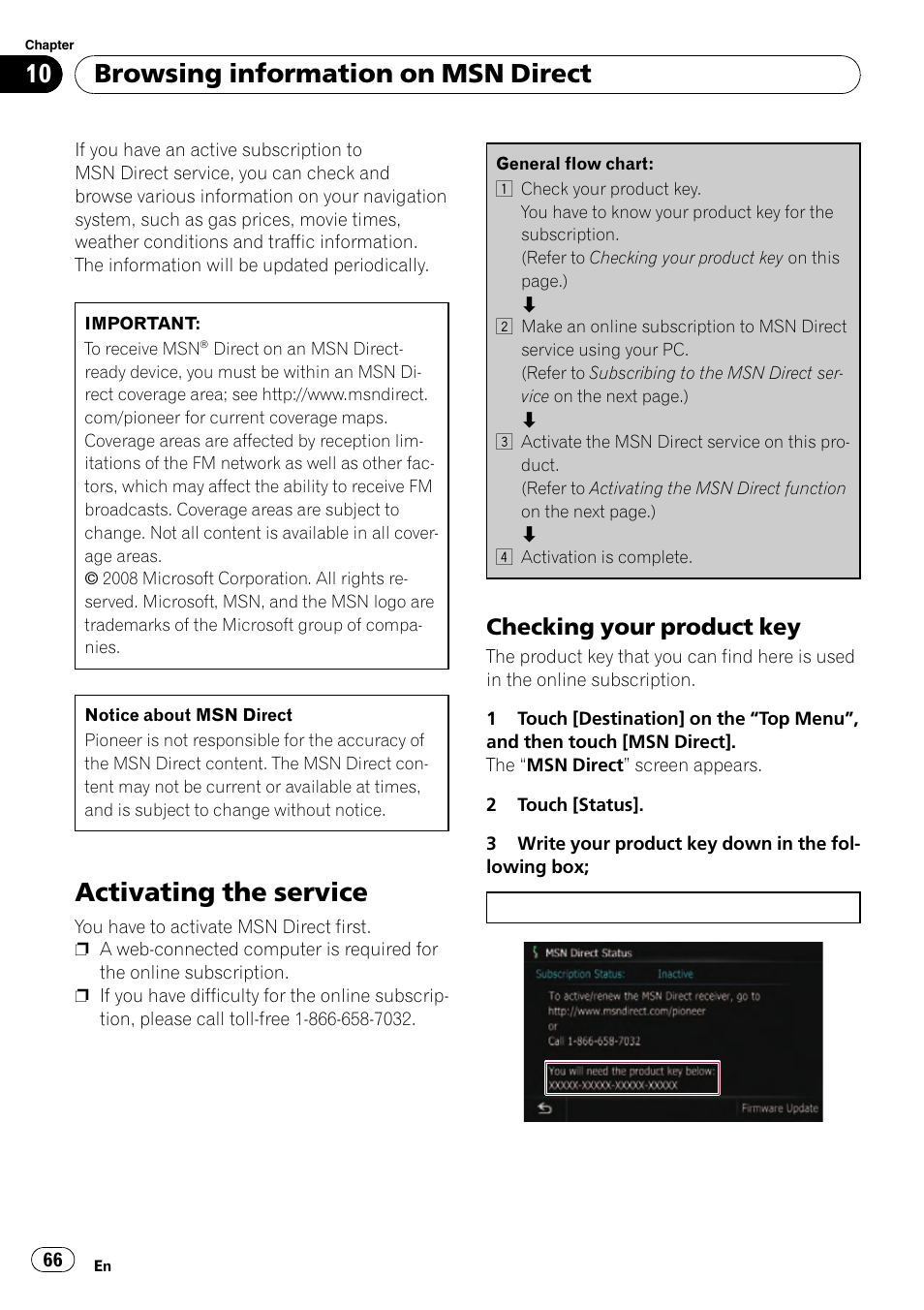 Checking your product key 66, Activating the service, Browsing information on msn direct | Checking your product key | Pioneer SUPER TUNER AVIC-Z110BT User Manual | Page 66 / 211