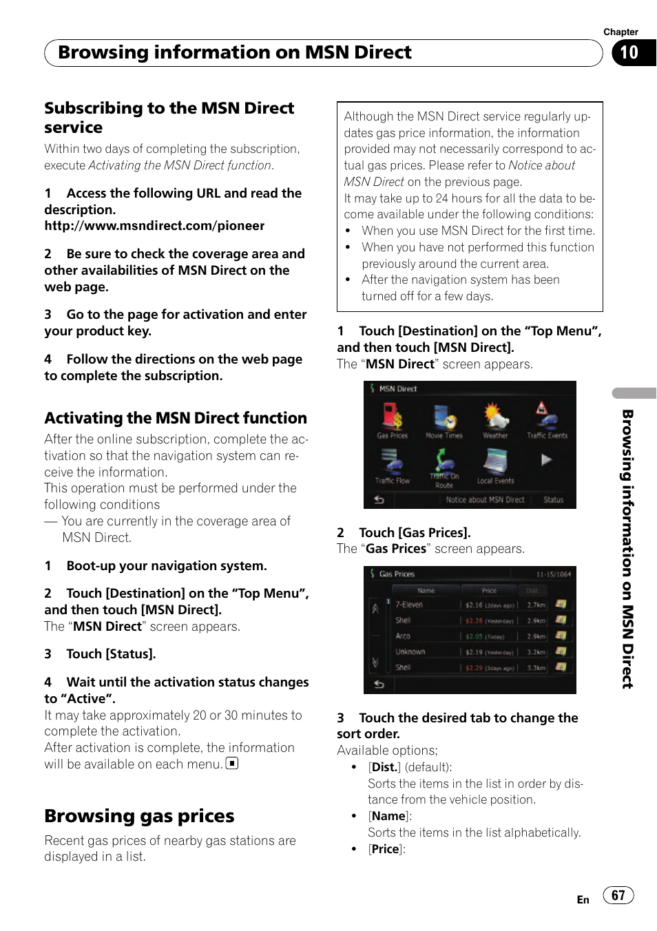 Subscribing to the msn direct, Service, Activating the msn direct | Function, Browsing gas prices, Browsing information on msn direct, Subscribing to the msn direct service, Activating the msn direct function | Pioneer SUPER TUNER AVIC-Z110BT User Manual | Page 67 / 211