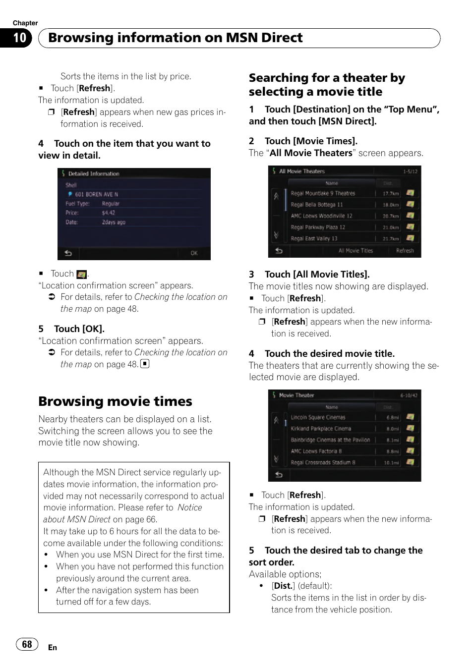 Browsing movie times, Searching for a theater by selecting a, Movie title | Browsing information on msn direct, Searching for a theater by selecting a movie title | Pioneer SUPER TUNER AVIC-Z110BT User Manual | Page 68 / 211