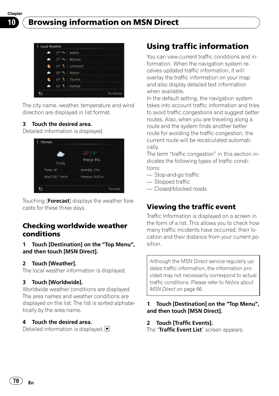 Checking worldwide weather, Conditions, Using traffic information | Viewing the traffic event 70, Viewing the traffic, Browsing information on msn direct, Checking worldwide weather conditions, Viewing the traffic event | Pioneer SUPER TUNER AVIC-Z110BT User Manual | Page 70 / 211