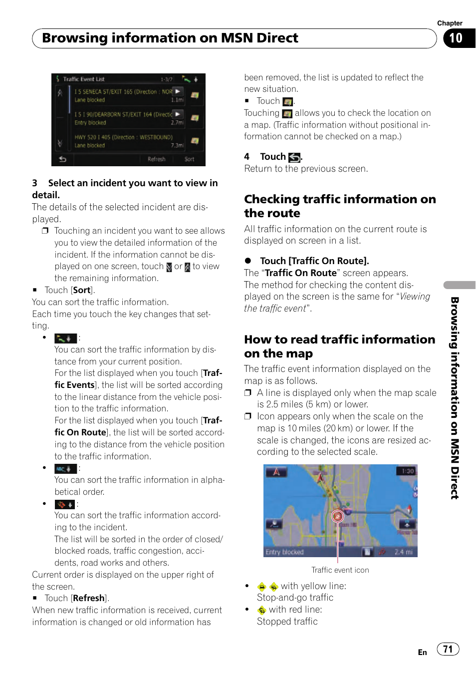 Checking traffic information on the, Route, How to read traffic information on the | Checking traffic infor, Browsing information on msn direct, Checking traffic information on the route, How to read traffic information on the map | Pioneer SUPER TUNER AVIC-Z110BT User Manual | Page 71 / 211