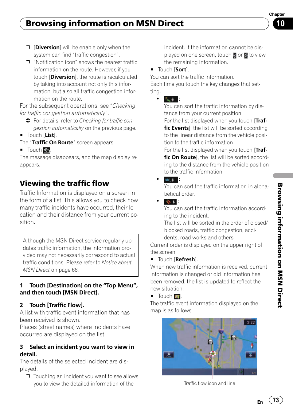 Viewing the traffic flow 73, Browsing information on msn direct, Viewing the traffic flow | Pioneer SUPER TUNER AVIC-Z110BT User Manual | Page 73 / 211