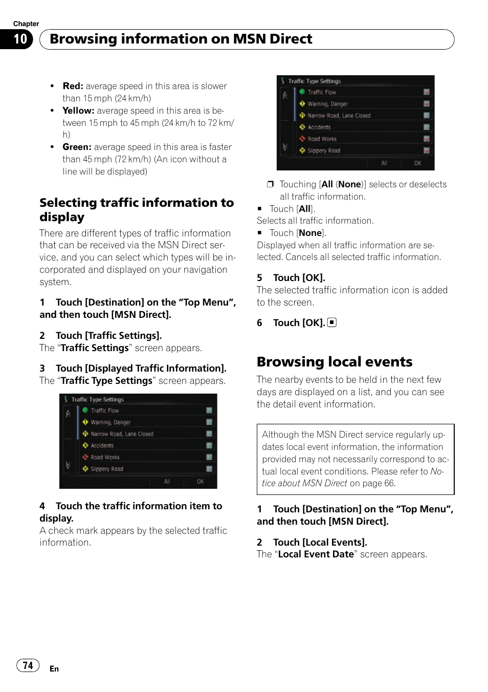 Selecting traffic information to, Display, Browsing local events | Browsing information on msn direct, Selecting traffic information to display | Pioneer SUPER TUNER AVIC-Z110BT User Manual | Page 74 / 211