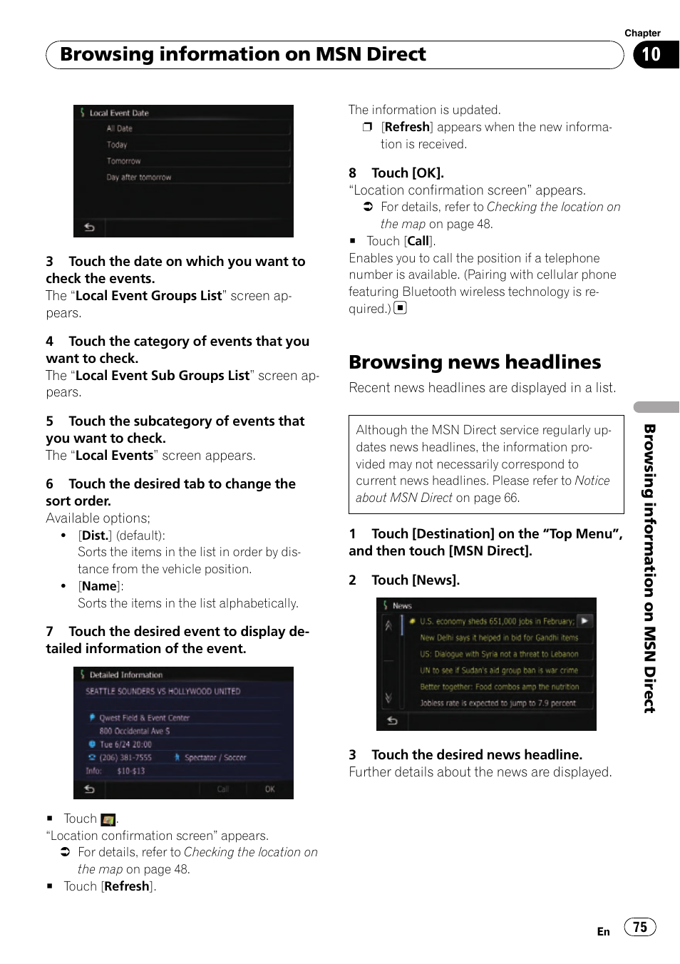 Browsing news headlines, Browsing information on msn direct | Pioneer SUPER TUNER AVIC-Z110BT User Manual | Page 75 / 211