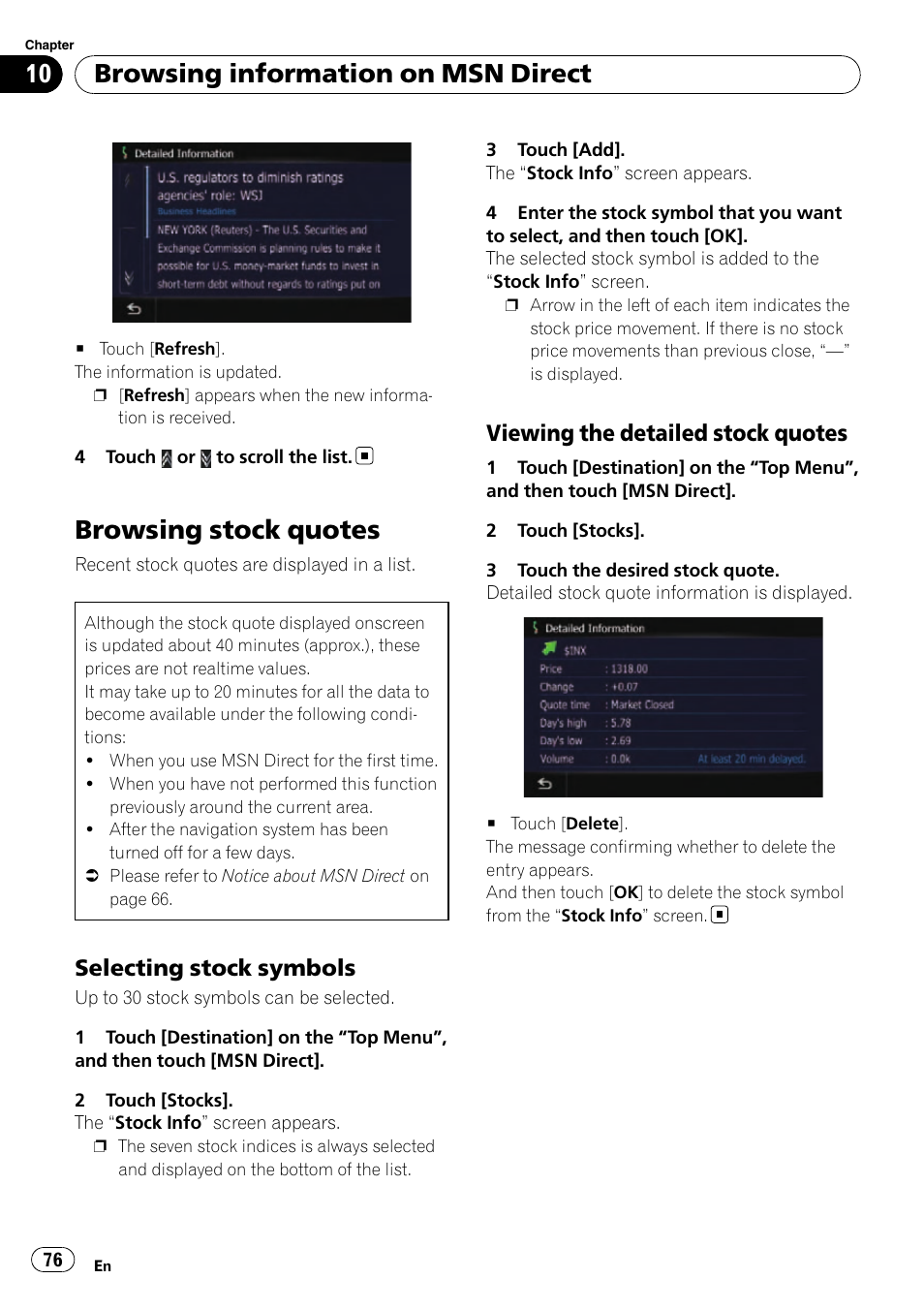 Browsing stock quotes, Selecting stock symbols 76, Viewing the detailed stock quotes 76 | Browsing stock, Browsing information on msn direct, Selecting stock symbols, Viewing the detailed stock quotes | Pioneer SUPER TUNER AVIC-Z110BT User Manual | Page 76 / 211