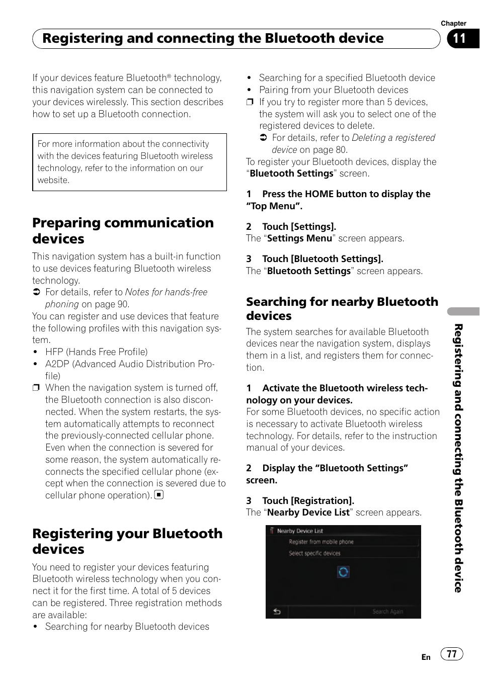 Registering your bluetooth devices, Searching for nearby bluetooth, Devices | Preparing communication devices, Registering and connecting the bluetooth device, Searching for nearby bluetooth devices | Pioneer SUPER TUNER AVIC-Z110BT User Manual | Page 77 / 211