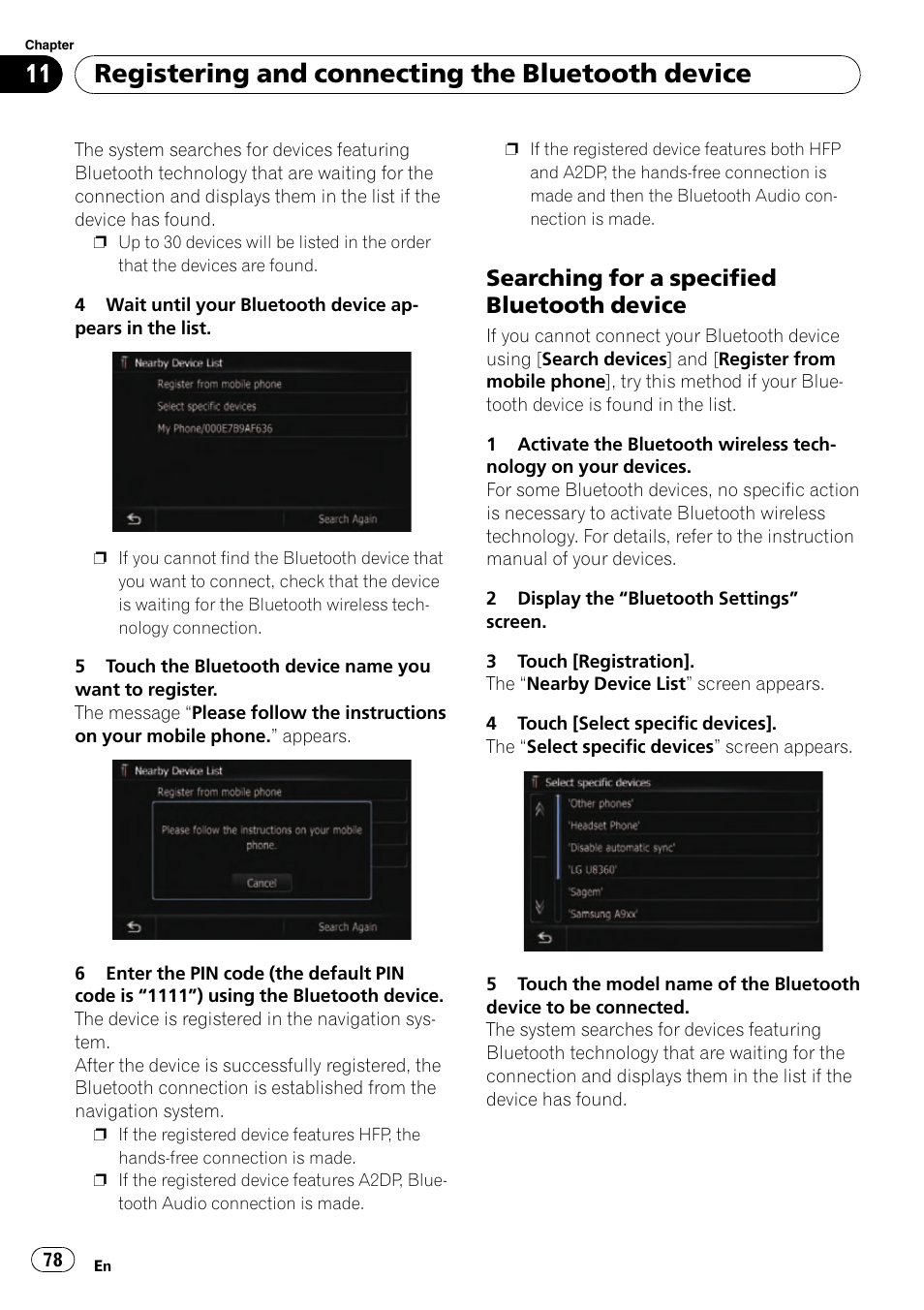 Searching for a specified bluetooth, Device, Registering and connecting the bluetooth device | Searching for a specified bluetooth device | Pioneer SUPER TUNER AVIC-Z110BT User Manual | Page 78 / 211