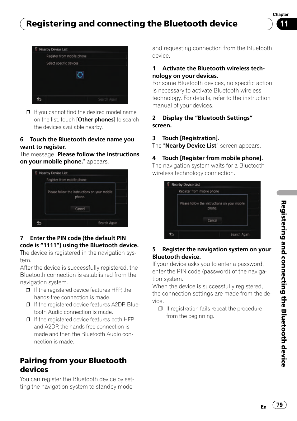 Pairing from your bluetooth, Devices, Registering and connecting the bluetooth device | Pairing from your bluetooth devices | Pioneer SUPER TUNER AVIC-Z110BT User Manual | Page 79 / 211