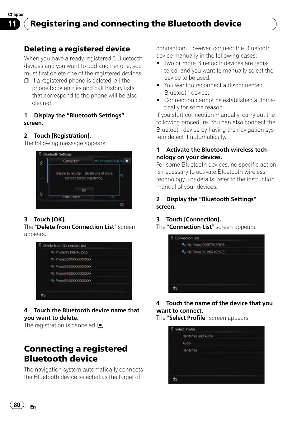 Deleting a registered device 80, Connecting a registered bluetooth, Device | Deleting a registered, Connecting a registered bluetooth device, Registering and connecting the bluetooth device, Deleting a registered device | Pioneer SUPER TUNER AVIC-Z110BT User Manual | Page 80 / 211