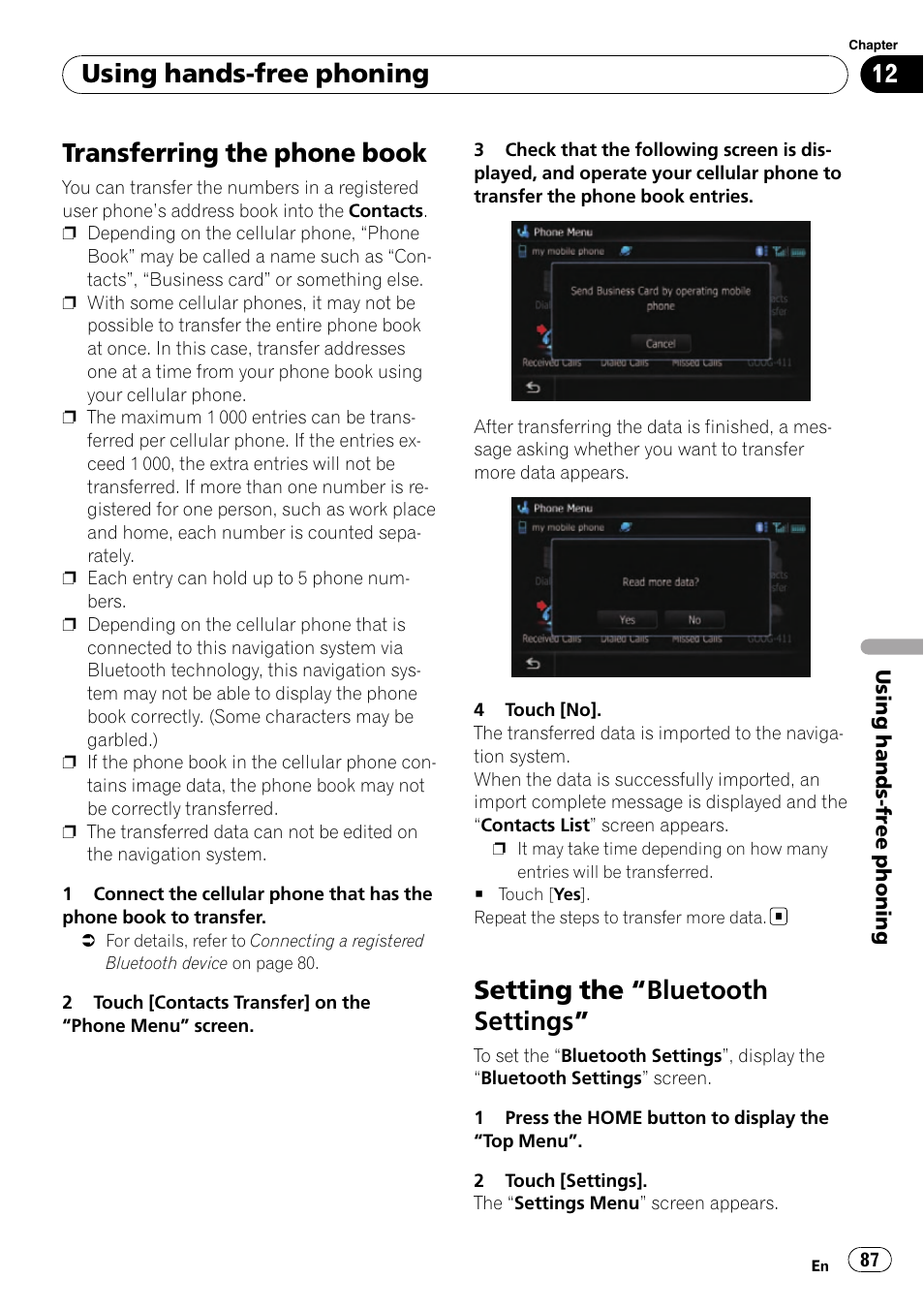 Transferring the phone book, Setting the, Bluetooth settings” 87 | Transferring the phone, Setting the “bluetooth settings, Using hands-free phoning | Pioneer SUPER TUNER AVIC-Z110BT User Manual | Page 87 / 211