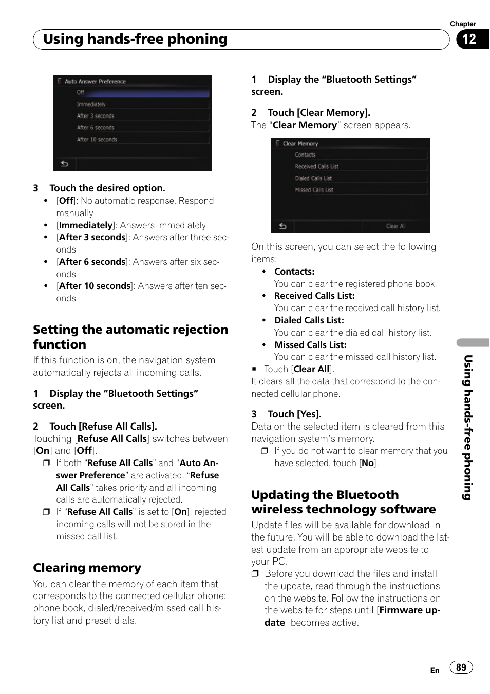 Setting the automatic rejection, Function, Clearing memory 89 | Updating the bluetooth wireless, Technology software, Setting the automatic re, Using hands-free phoning, Setting the automatic rejection function | Pioneer SUPER TUNER AVIC-Z110BT User Manual | Page 89 / 211