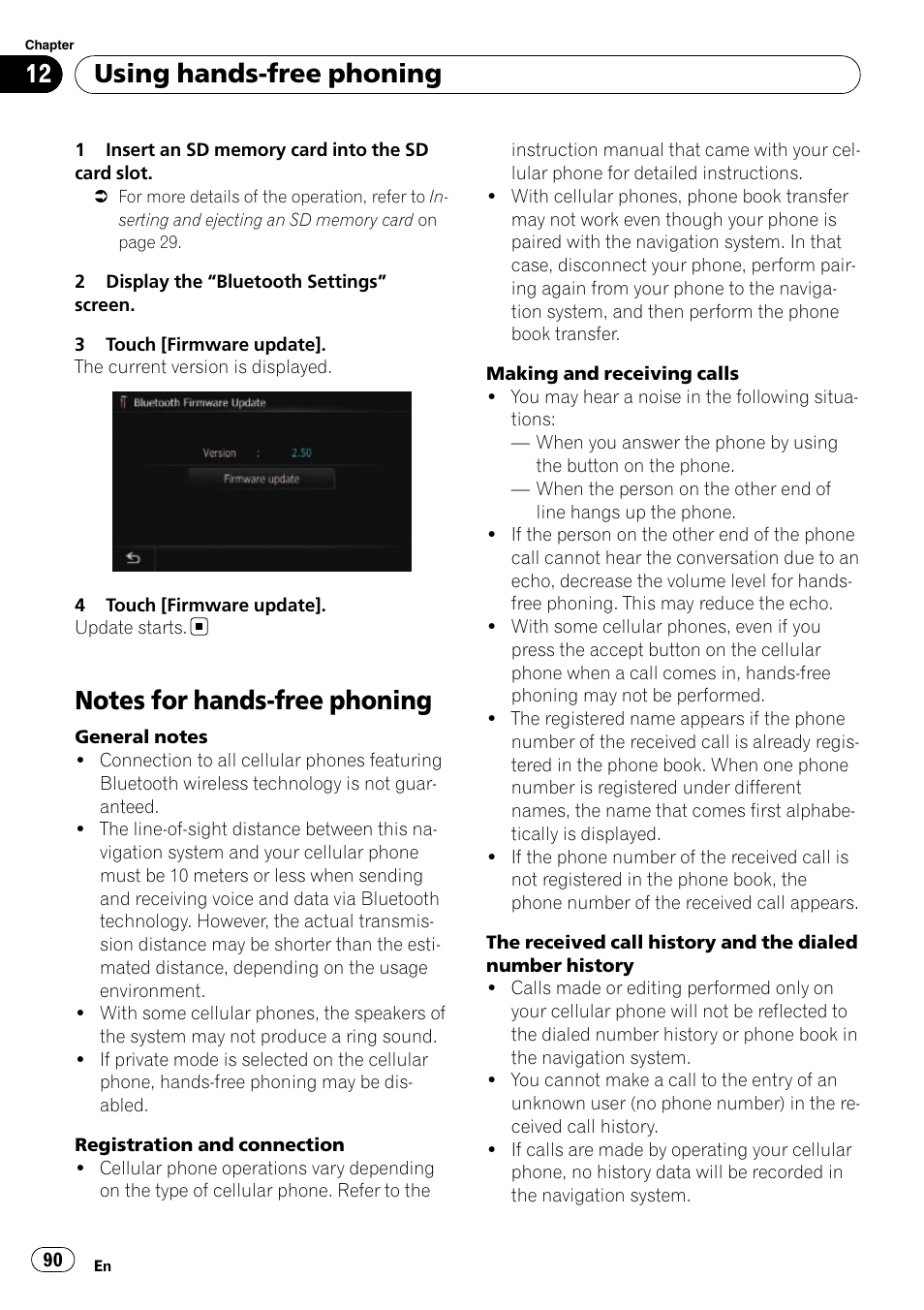 Notes for hands-free phoning, Notes for hands-free, Using hands-free phoning | Pioneer SUPER TUNER AVIC-Z110BT User Manual | Page 90 / 211