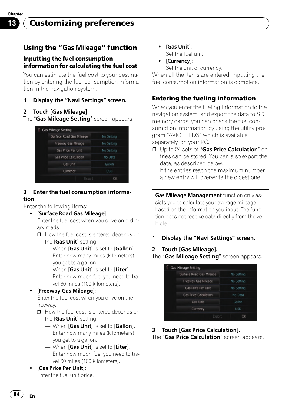 Using the “gas mileage” function 94, Customizing preferences, Using the “gas mileage” function | Pioneer SUPER TUNER AVIC-Z110BT User Manual | Page 94 / 211