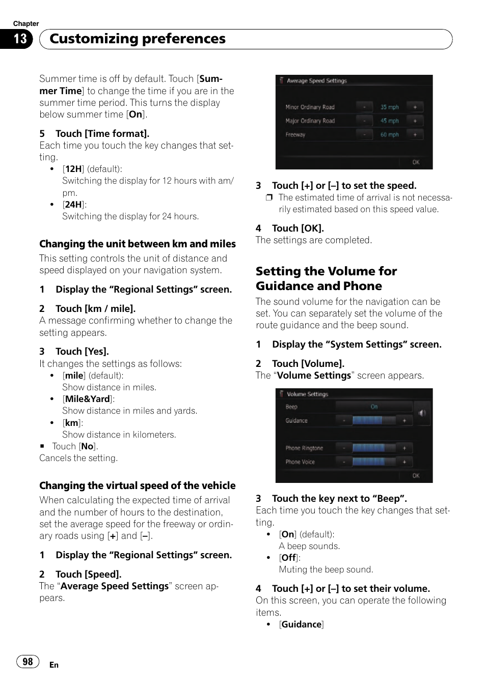 Setting the volume for guidance and, Phone, Customizing preferences | Setting the volume for guidance and phone | Pioneer SUPER TUNER AVIC-Z110BT User Manual | Page 98 / 211