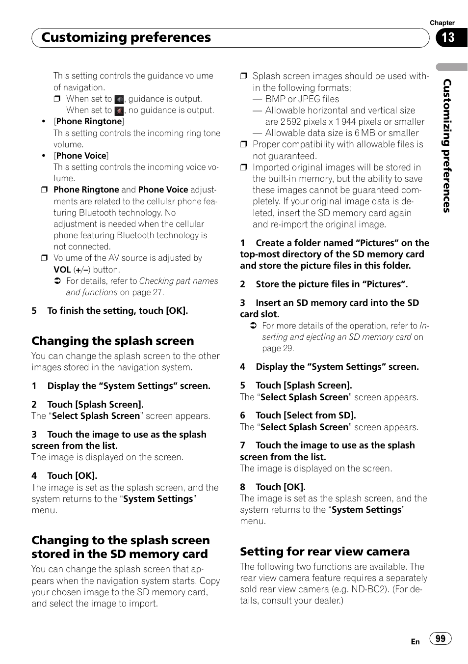 Changing the splash screen 99, Changing to the splash screen stored, In the sd memory card | Setting for rear view camera 99, Customizing preferences, Changing the splash screen, Setting for rear view camera | Pioneer SUPER TUNER AVIC-Z110BT User Manual | Page 99 / 211