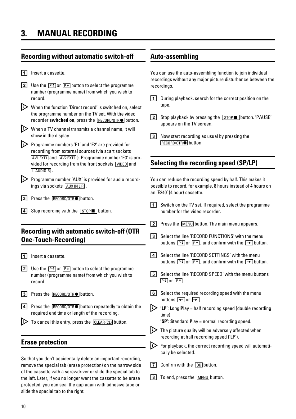 Manual recording, Recording without automatic switch-off, Erase protection | Auto-assembling, Selecting the recording speed (sp/lp) | Pioneer VR805/07 User Manual | Page 10 / 24