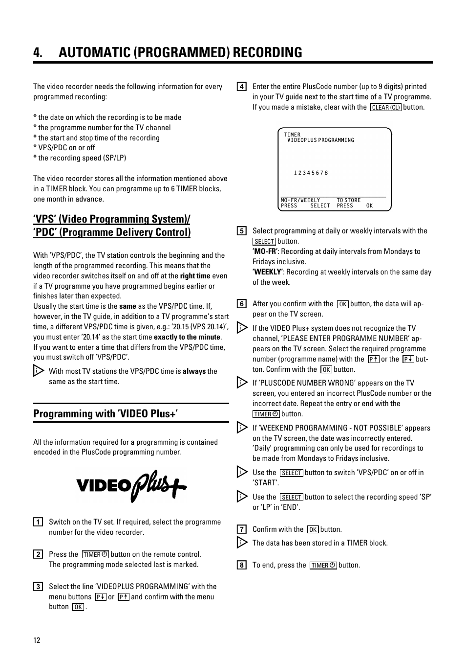 Automatic (programmed) recording, Programming with ’video plus | Pioneer VR805/07 User Manual | Page 12 / 24