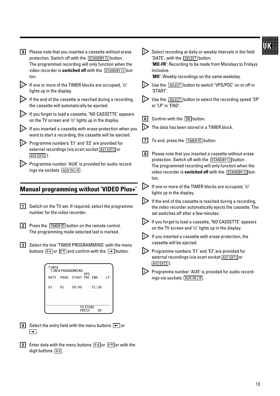 Manual programming without ’video plus | Pioneer VR805/07 User Manual | Page 13 / 24