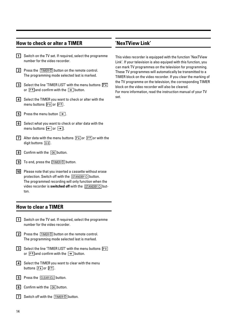 How to check or alter a timer, How to clear a timer, Nextview link | Pioneer VR805/07 User Manual | Page 14 / 24