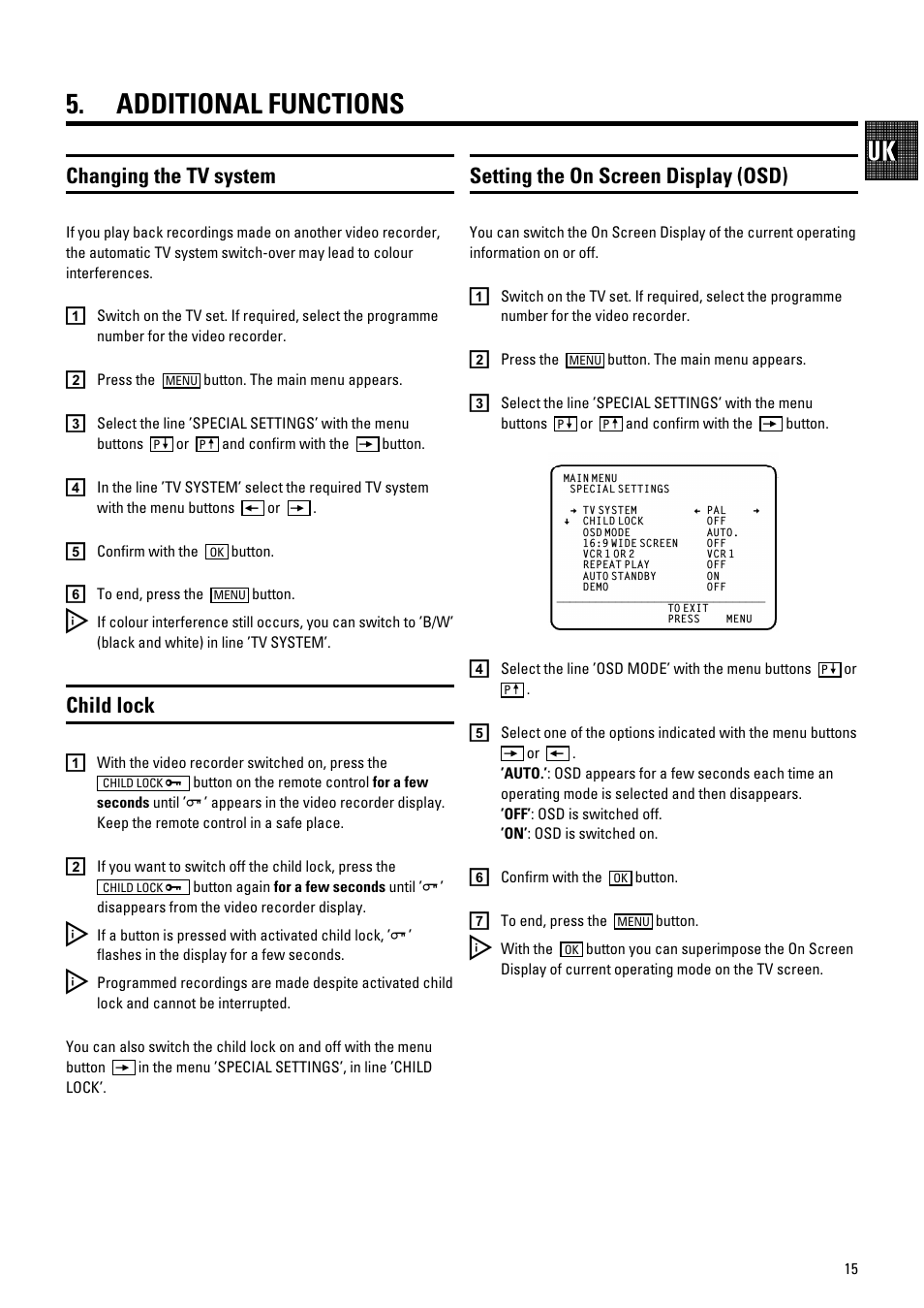 Additional functions, Changing the tv system, Child lock | Setting the on screen display (osd) | Pioneer VR805/07 User Manual | Page 15 / 24