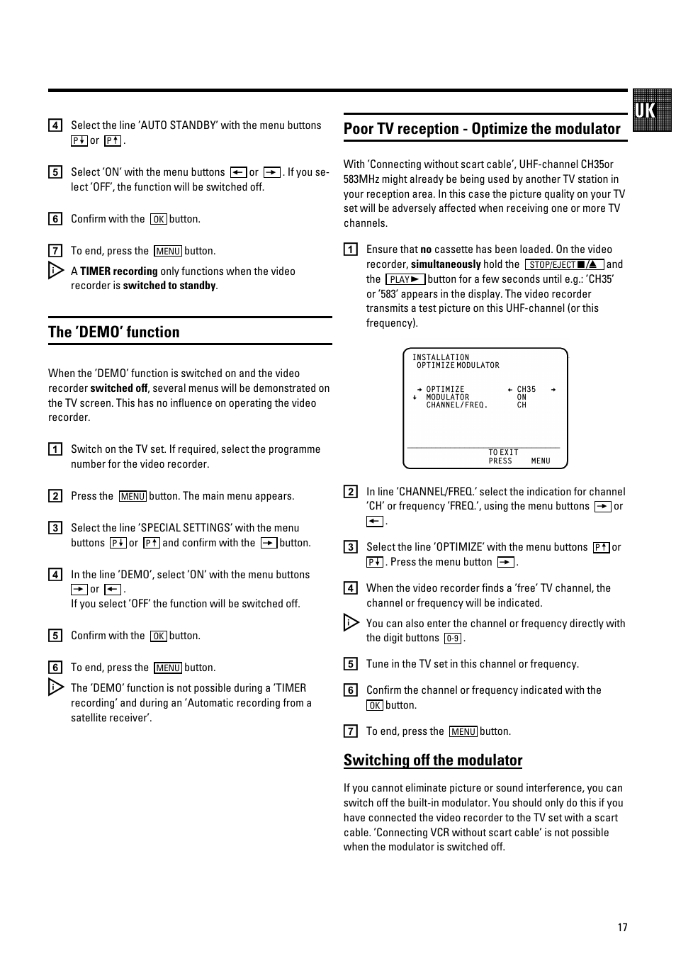 The ’demo’ function, Poor tv reception - optimize the modulator, Switching off the modulator | Pioneer VR805/07 User Manual | Page 17 / 24