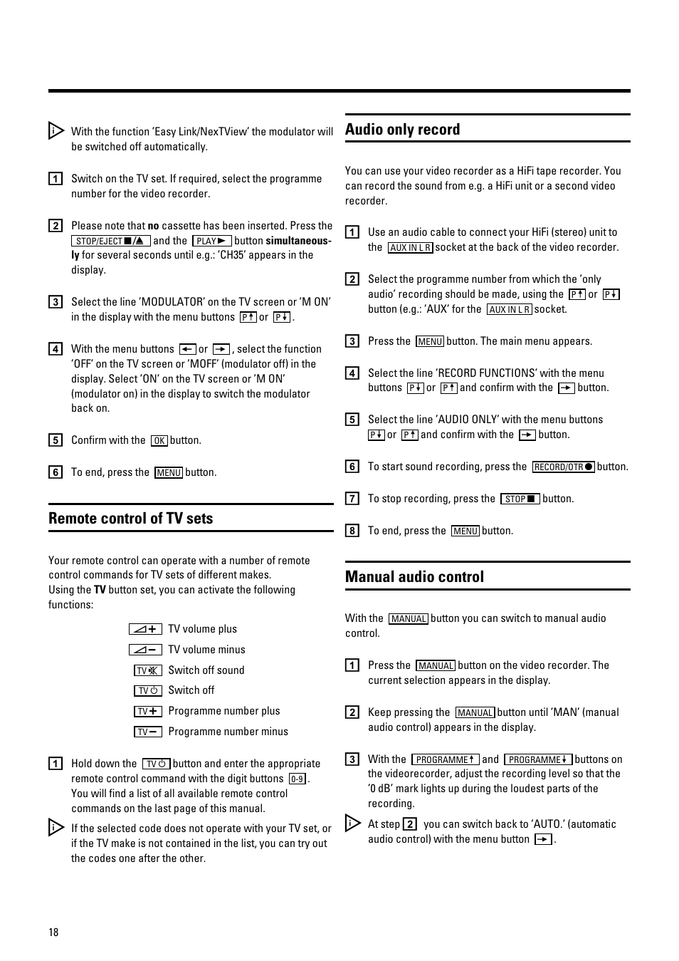 Remote control of tv sets, Audio only record, Manual audio control | Pioneer VR805/07 User Manual | Page 18 / 24