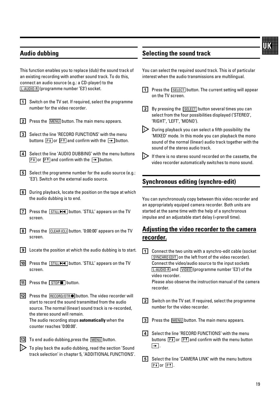 Audio dubbing, Selecting the sound track, Synchronous editing (synchro-edit) | Pioneer VR805/07 User Manual | Page 19 / 24