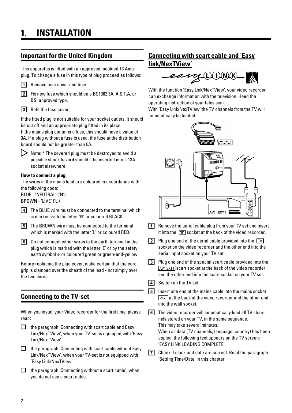 Installation, Important for the united kingdom, Connecting to the tv-set | Pioneer VR805/07 User Manual | Page 2 / 24