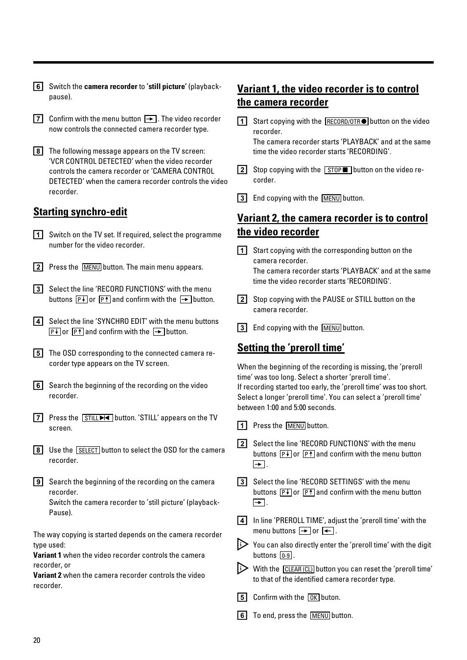 Starting synchro-edit, Setting the ’preroll time | Pioneer VR805/07 User Manual | Page 20 / 24