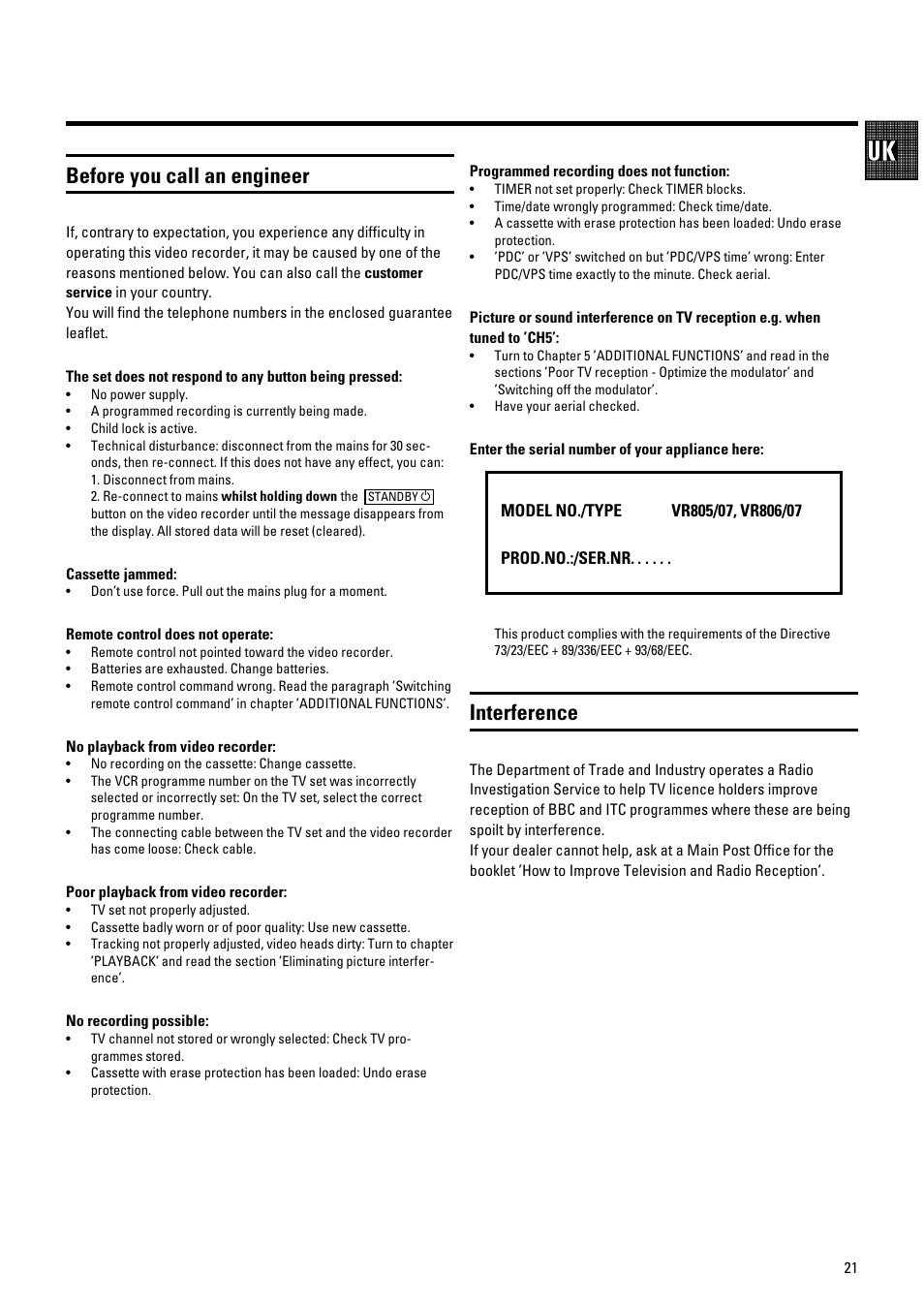 Before you call an engineer, Interference | Pioneer VR805/07 User Manual | Page 21 / 24