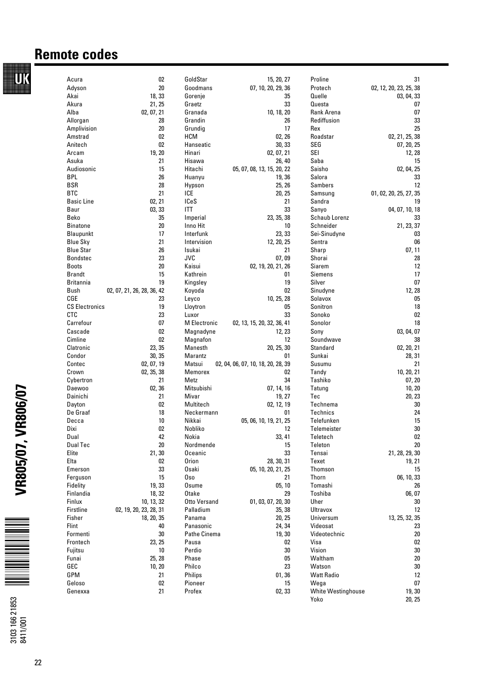 Remote codes | Pioneer VR805/07 User Manual | Page 22 / 24
