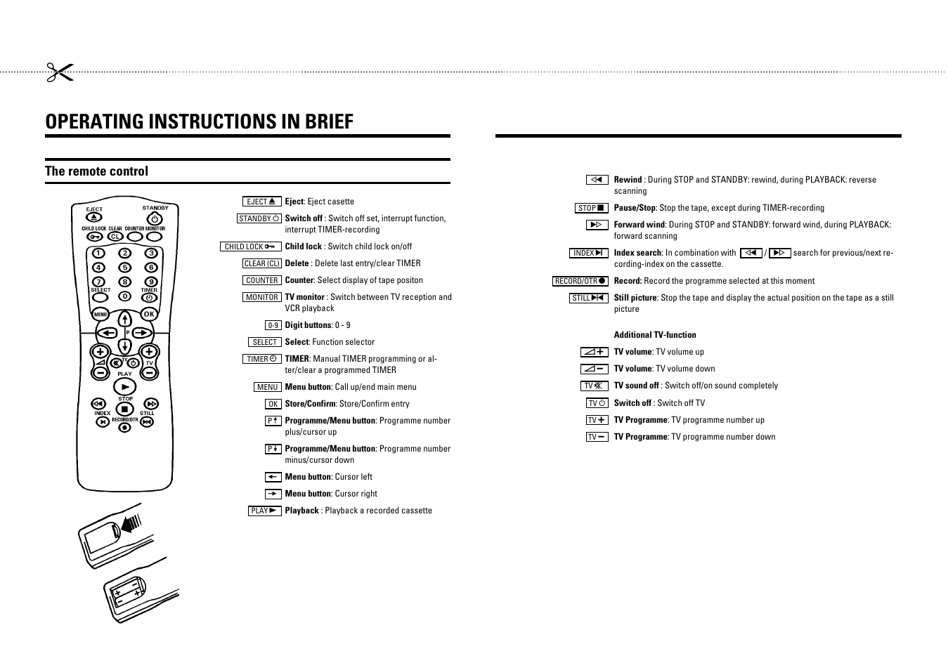 Operating instructions in brief, The remote control | Pioneer VR805/07 User Manual | Page 23 / 24