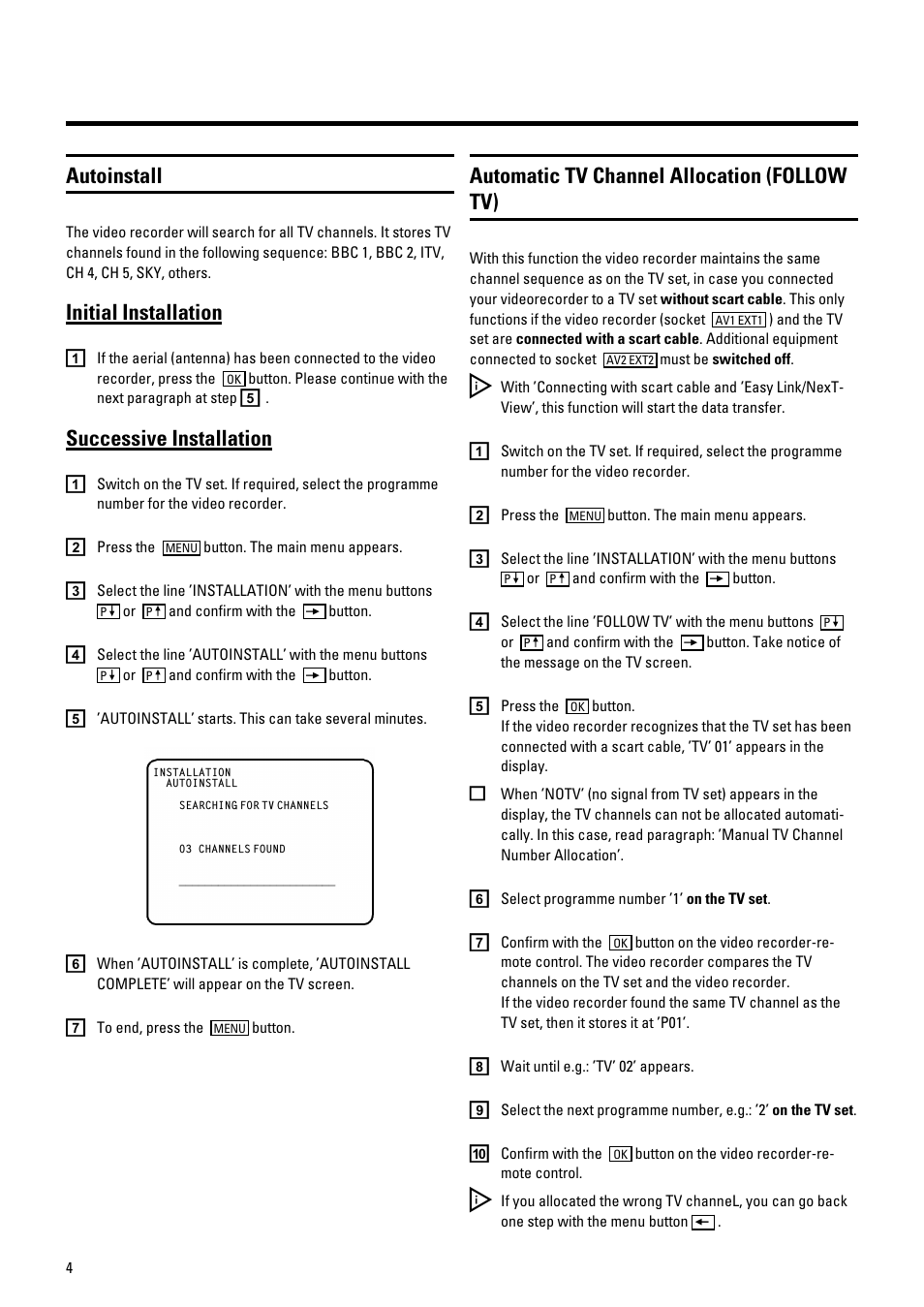 Autoinstall, Initial installation, Successive installation | Automatic tv channel allocation (follow tv) | Pioneer VR805/07 User Manual | Page 4 / 24