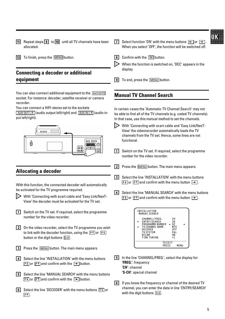 Connecting a decoder or additional equipment, Allocating a decoder, Manual tv channel search | Pioneer VR805/07 User Manual | Page 5 / 24