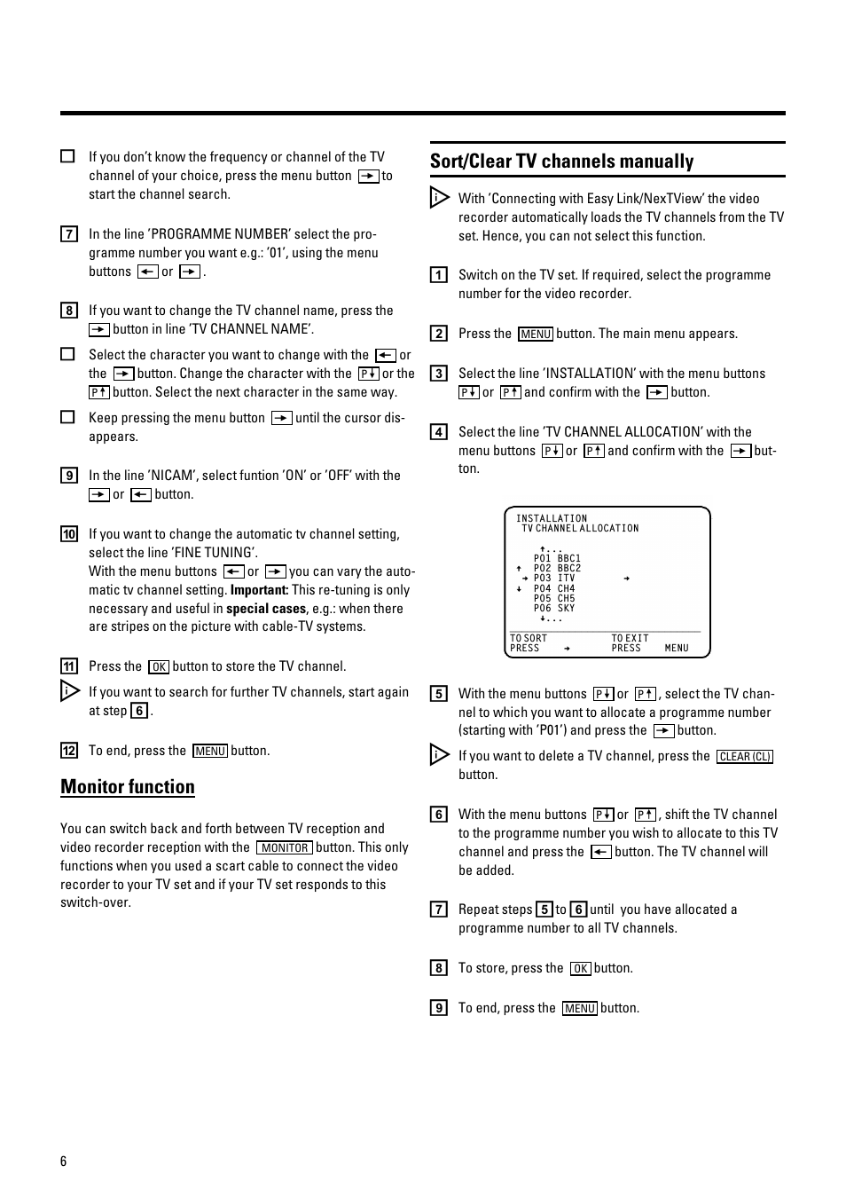 Monitor function, Sort/clear tv channels manually | Pioneer VR805/07 User Manual | Page 6 / 24